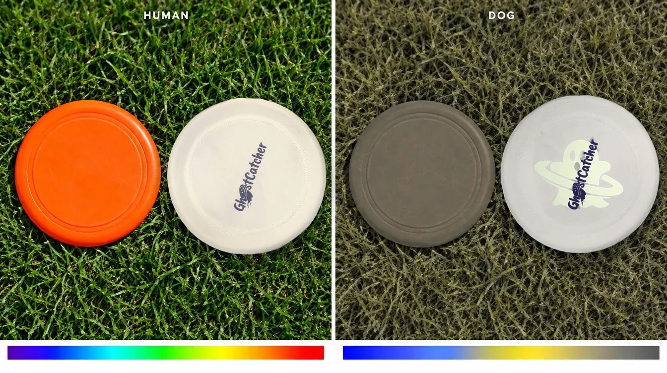 Side by side: an orange dog frisbee and the GHOSTCATCHER disc on grass as a person sees them, and as a dog sees them — the orange disc turns dull yellow-brown and blends into the lawn while the GHOSTCATCHER disc shows its UV ghost pattern