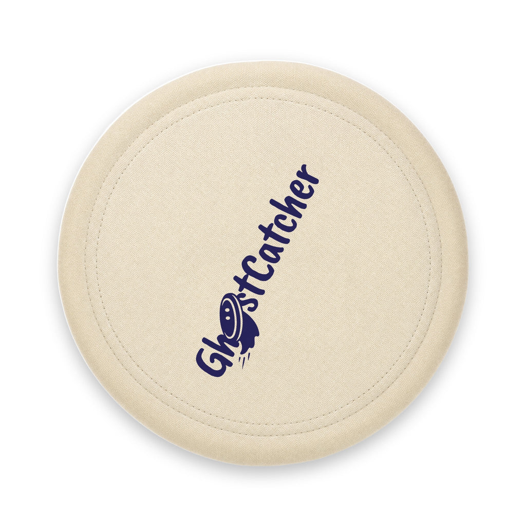 GhostCatcher soft dog frisbee, woven fabric with foam rim and printed logo, top view