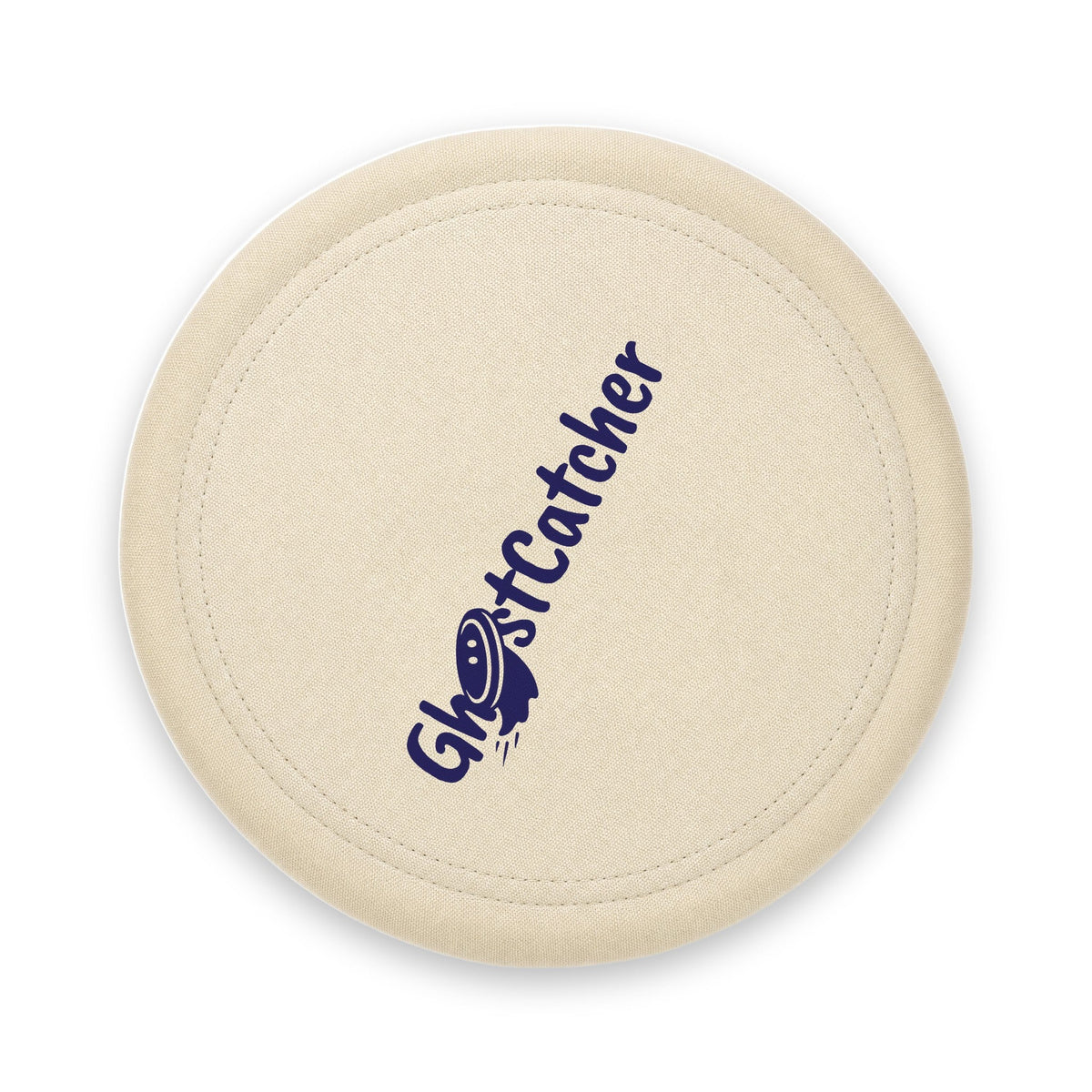 GhostCatcher soft dog frisbee, woven fabric with foam rim and printed logo, top view