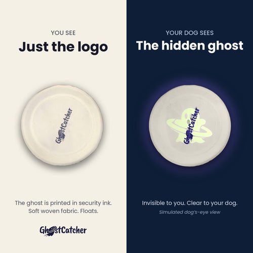 GhostCatcher soft dog frisbee: a person sees only the logo, a dog sees the hidden UV ghost pattern