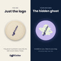 GhostCatcher soft dog frisbee: a person sees only the logo, a dog sees the hidden UV ghost pattern
