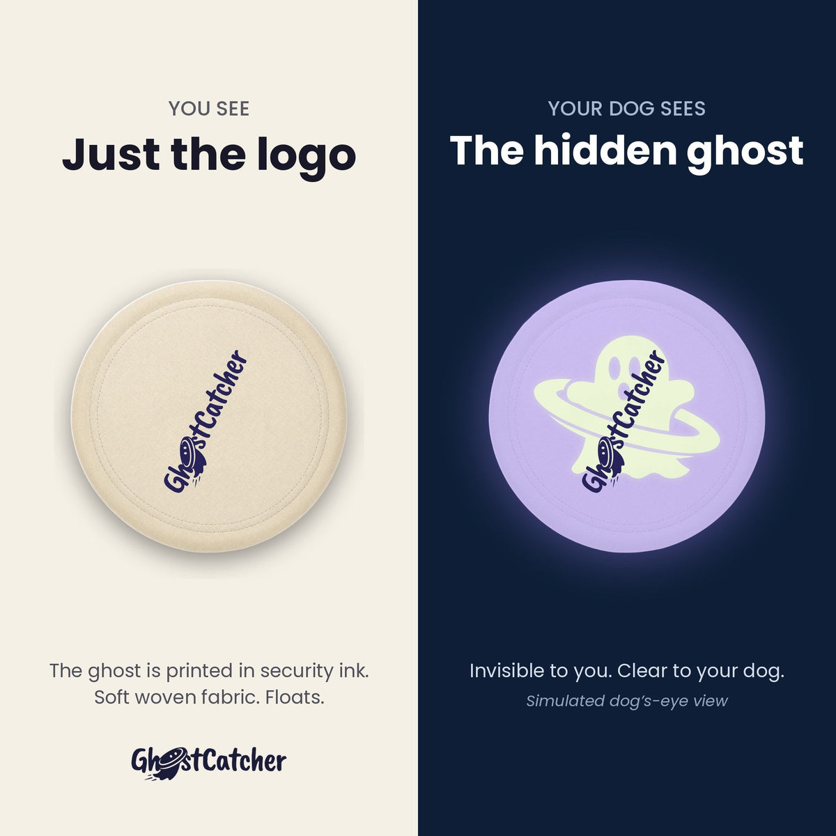 GhostCatcher soft dog frisbee: a person sees only the logo, a dog sees the hidden UV ghost pattern