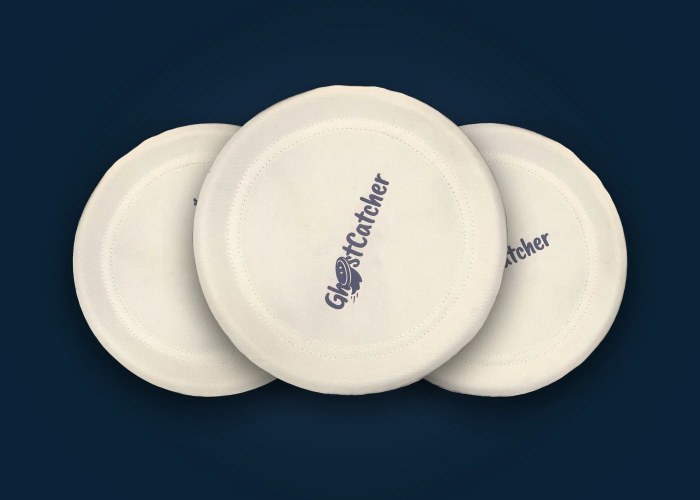 The GHOSTCATCHER 3-Pack: three identical woven fabric discs with the GhostCatcher logo