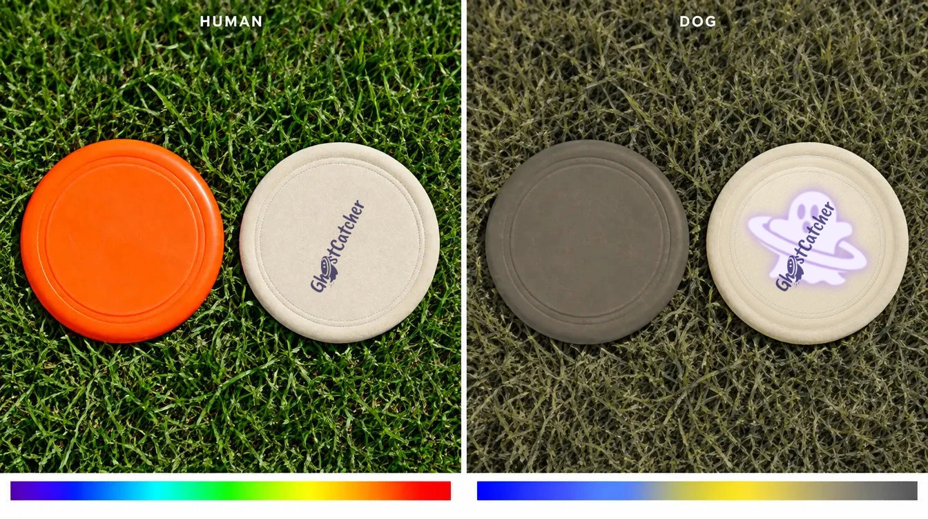 Human view of an orange plastic disc and the GHOSTCATCHER disc on grass, beside the dog view where the orange disc fades into dull yellow-grey while the GHOSTCATCHER disc shows its glowing UV ghost pattern