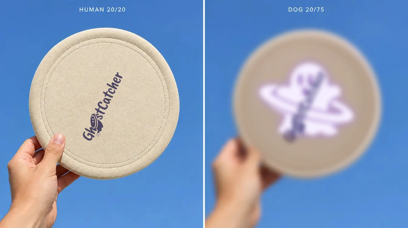The GHOSTCATCHER disc held against the sky: sharp and plain for a human, blurred for a dog yet still readable by its bold UV ghost pattern