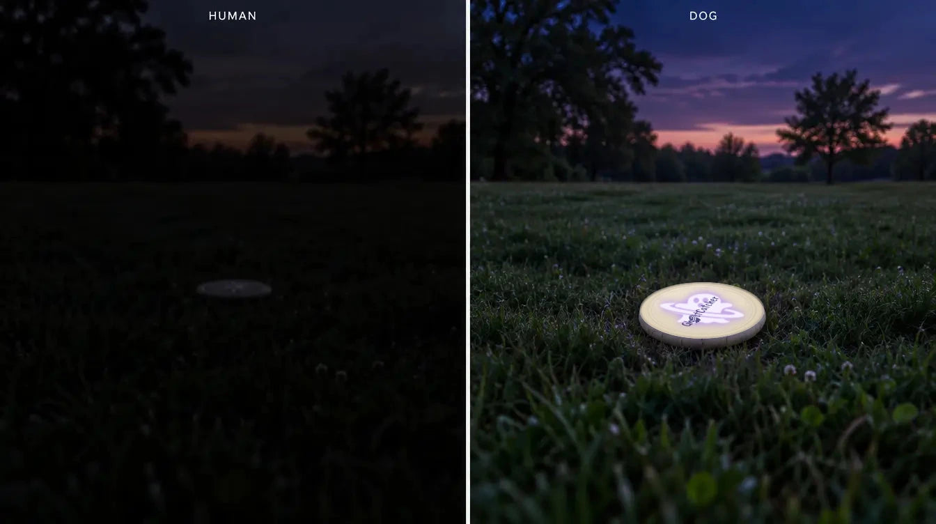 The same twilight lawn dark and murky for a human and brighter for a dog, with the GHOSTCATCHER disc's UV ghost pattern clearly visible