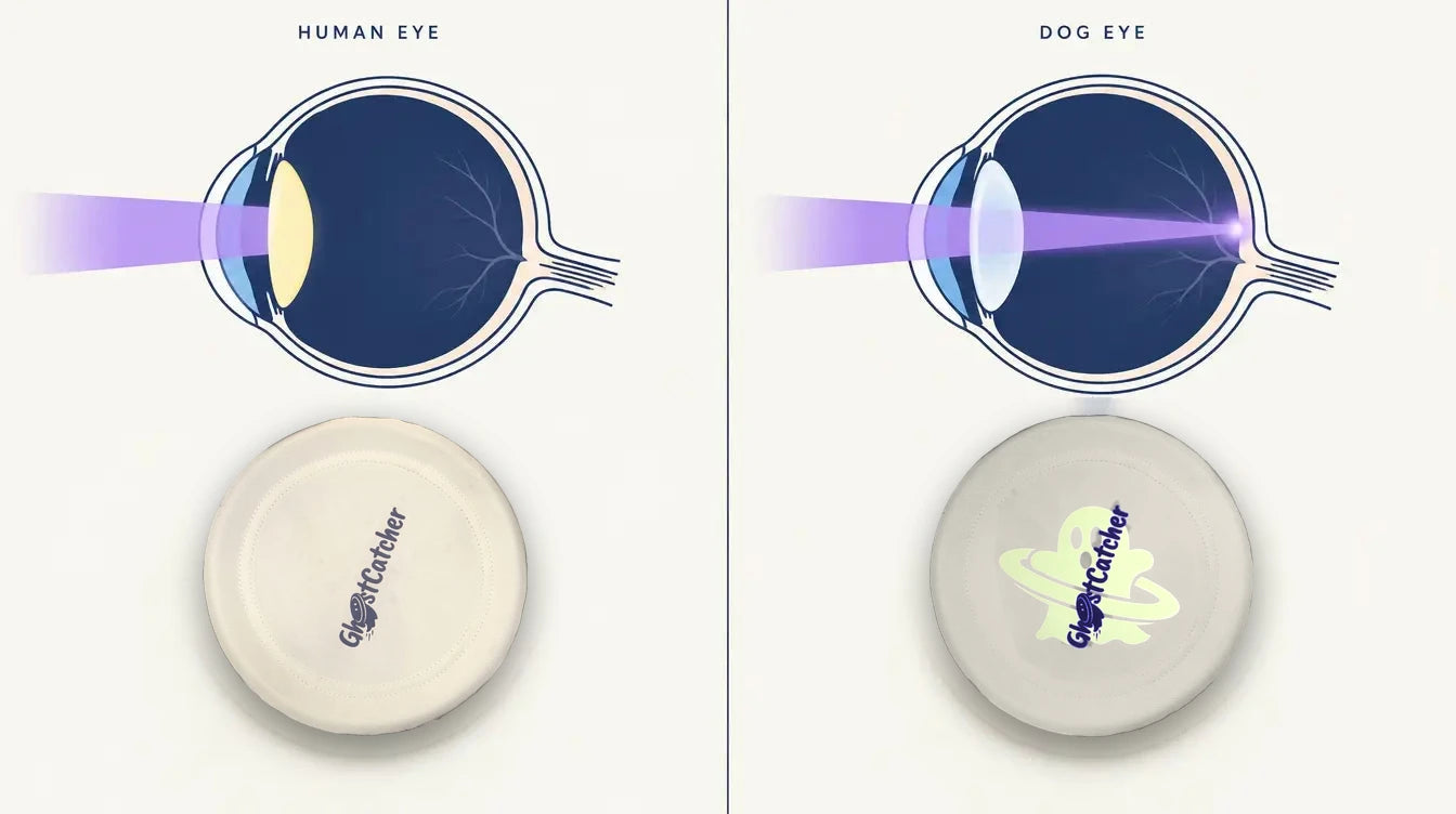Diagram comparing a human eye, whose lens blocks ultraviolet, with a dog eye, whose lens lets UV-A light through to the retina