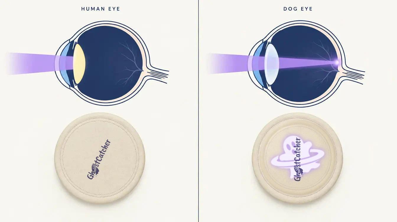 Eye cross-sections: UV light stopped at the human lens beside a plain GHOSTCATCHER disc, and passing to the dog retina beside the disc showing its glowing UV ghost pattern