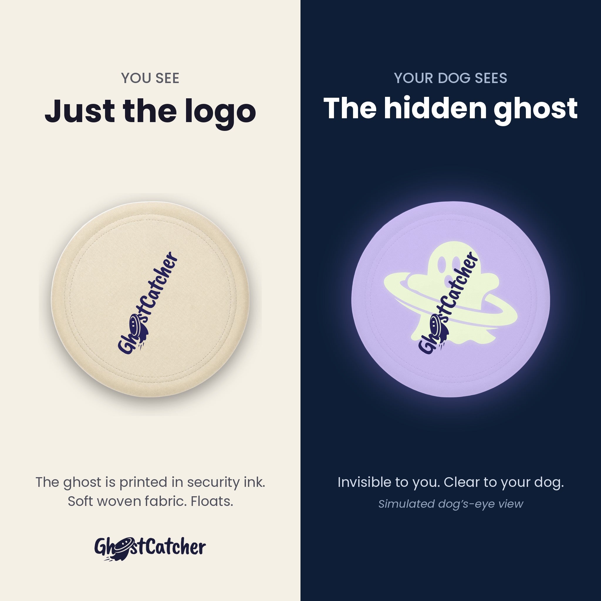 Side by side: to a human the GHOSTCATCHER disc is an ivory fabric disc with its logo; to a dog the same disc shows a hidden UV ghost printed in security ink