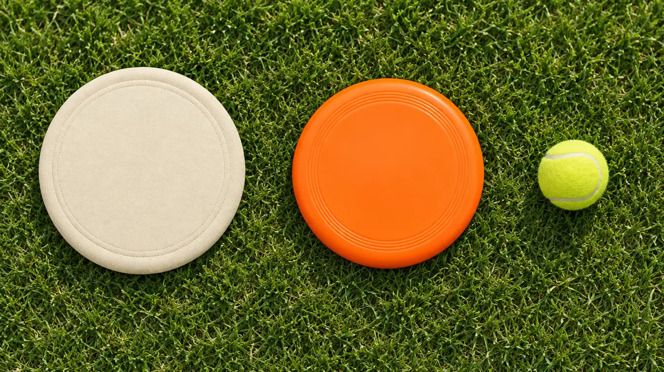 GHOSTCATCHER ivory woven-fabric disc, an orange plastic dog frisbee and a yellow tennis ball side by side on a lawn