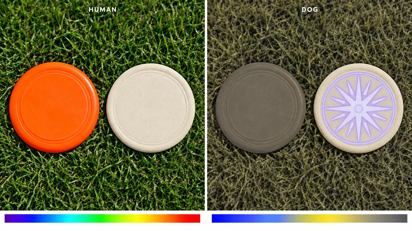 Side by side: an orange dog frisbee and the GHOSTCATCHER disc on grass as a person sees them, and as a dog sees them — the orange disc turns dull yellow-brown and blends into the lawn while the GHOSTCATCHER disc shows its UV star pattern