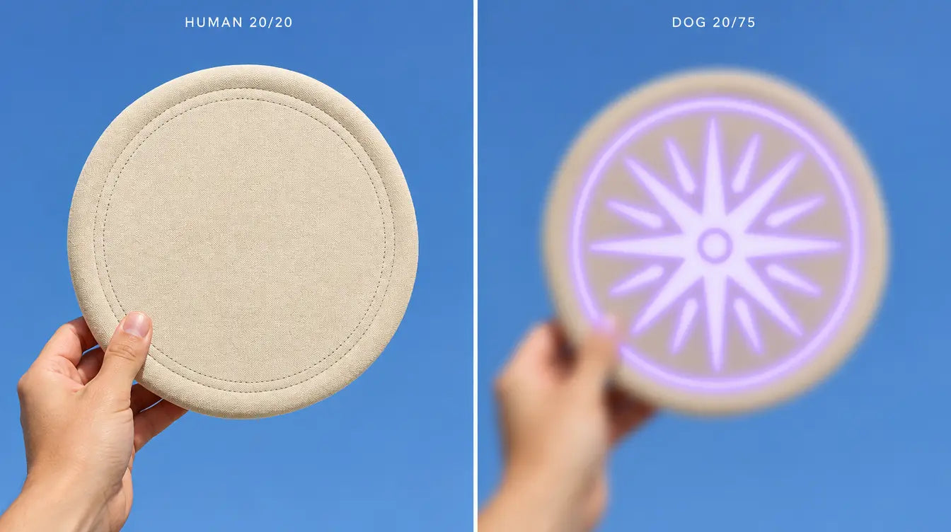 The GHOSTCATCHER disc held against the sky: sharp and plain for a human, blurred for a dog yet still readable by its bold UV star pattern