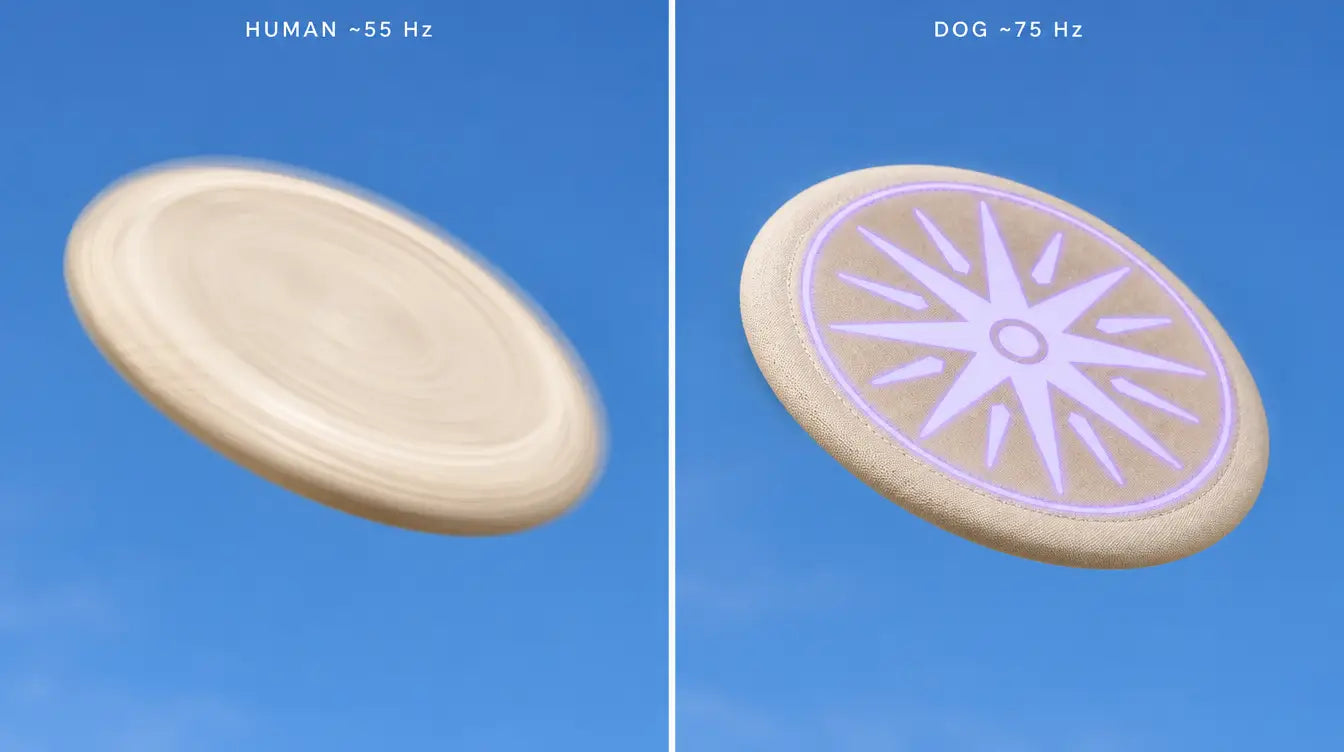 A spinning GHOSTCATCHER disc smeared into a smooth ring for a human versus frozen crisp with its UV star pattern visible for a dog
