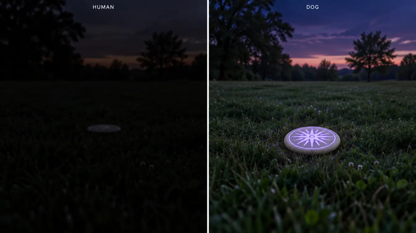 The same twilight lawn dark and murky for a human and brighter for a dog, with the GHOSTCATCHER disc's UV star pattern clearly visible