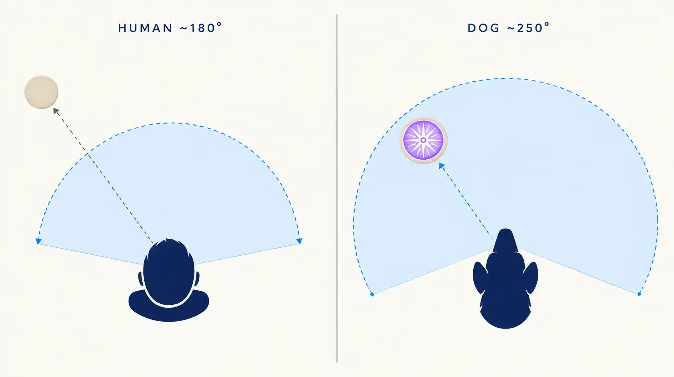 Top-down diagram comparing a human 180-degree field of view with a dog's much wider field, the GHOSTCATCHER disc visible only inside the dog's field