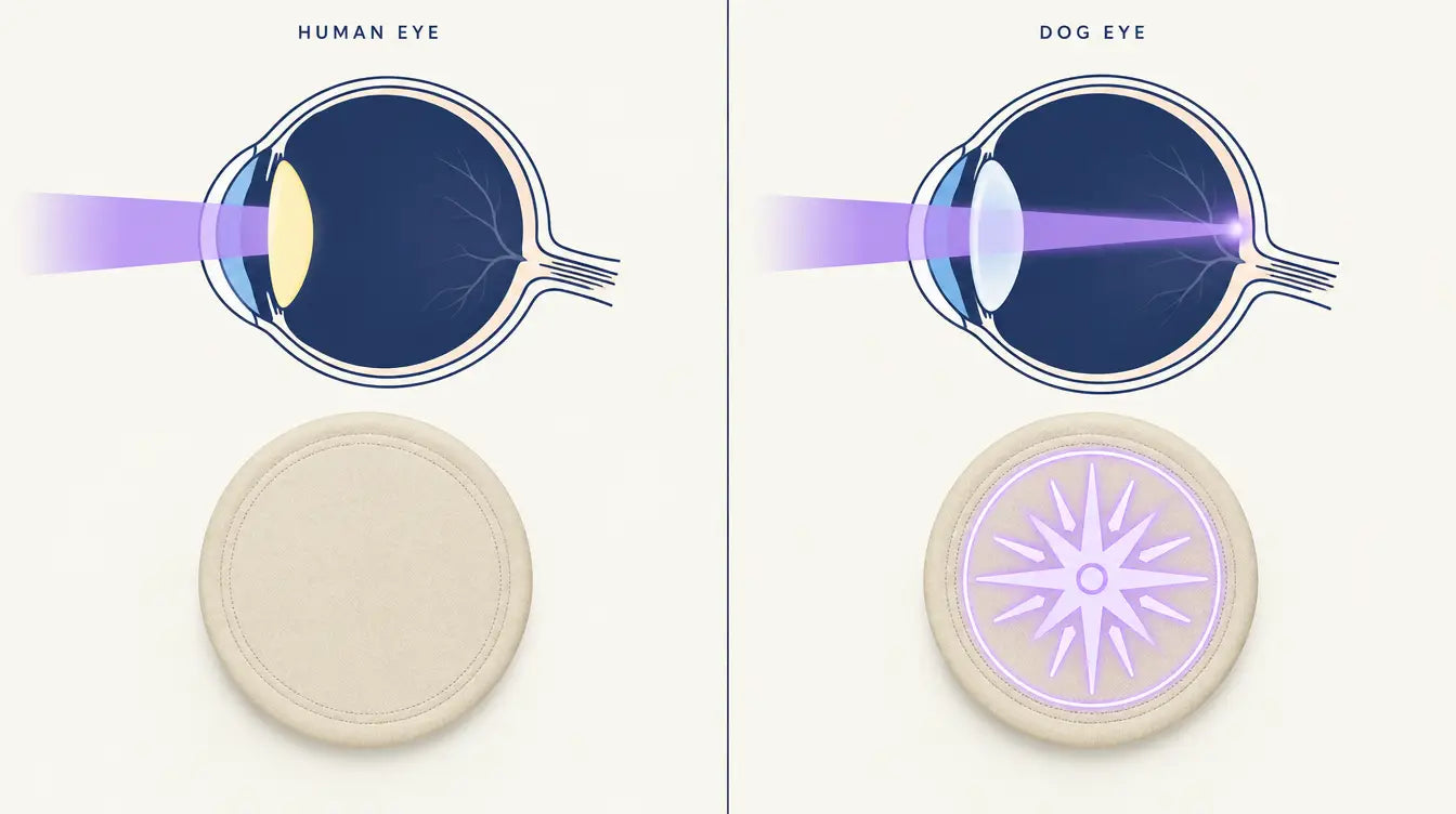 Diagram comparing a human eye, whose lens blocks ultraviolet, with a dog eye, whose lens lets UV-A light through to the retina