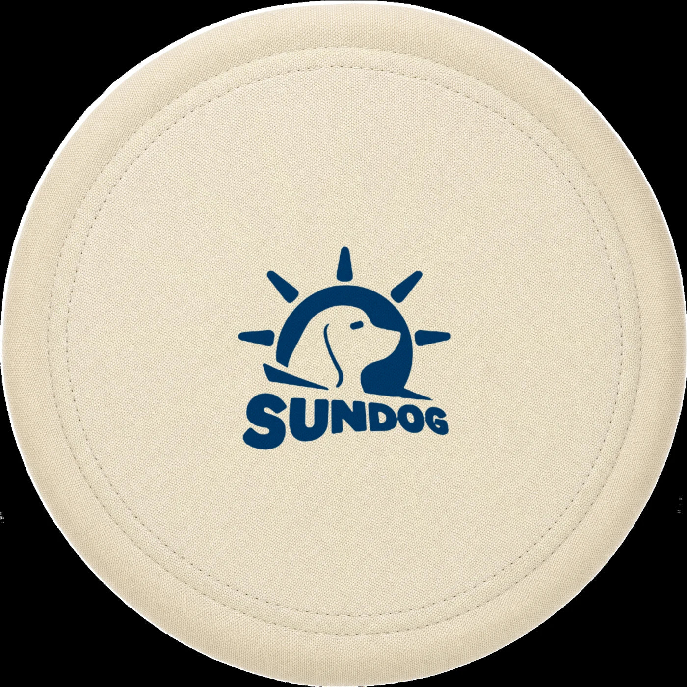 GHOSTCATCHER woven-fabric dog disc, ivory with stitched ring and navy GHOSTCATCHER logo, seen from above